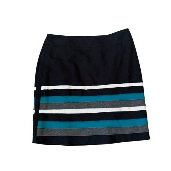 White House Black Market Striped A-Line Skirt Black Teal Gray Lined Size 0‎ - Picture 1 of 5